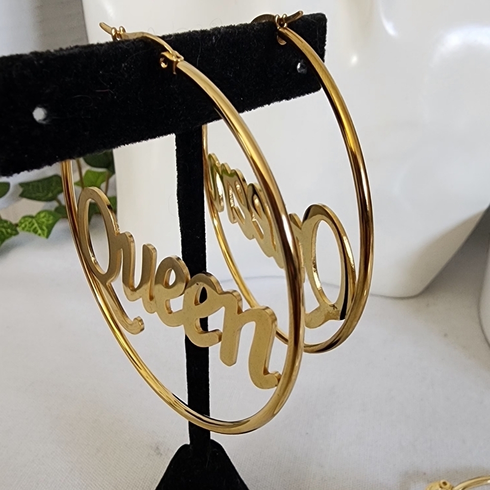 Gold Stainless Steel Queen Hoop Earrings - Picture 5 of 6